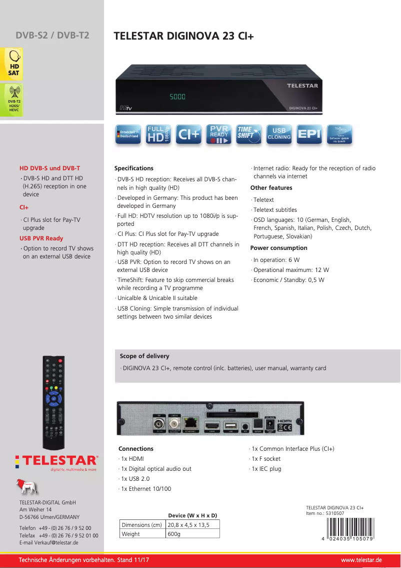 Page n°1 - Fiche technique Telestar DIGINOVA 22 CI+