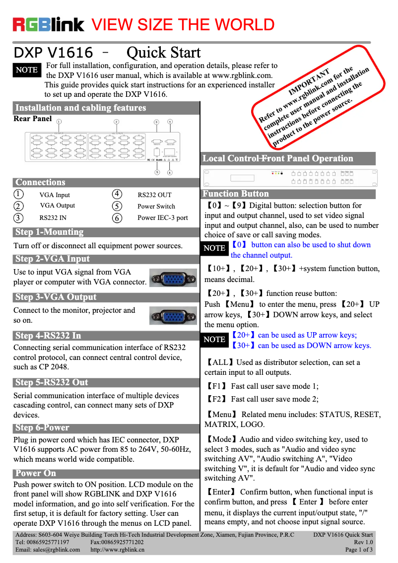 Page n°1 - Manuel utilisateur RGBlink DXP V1616