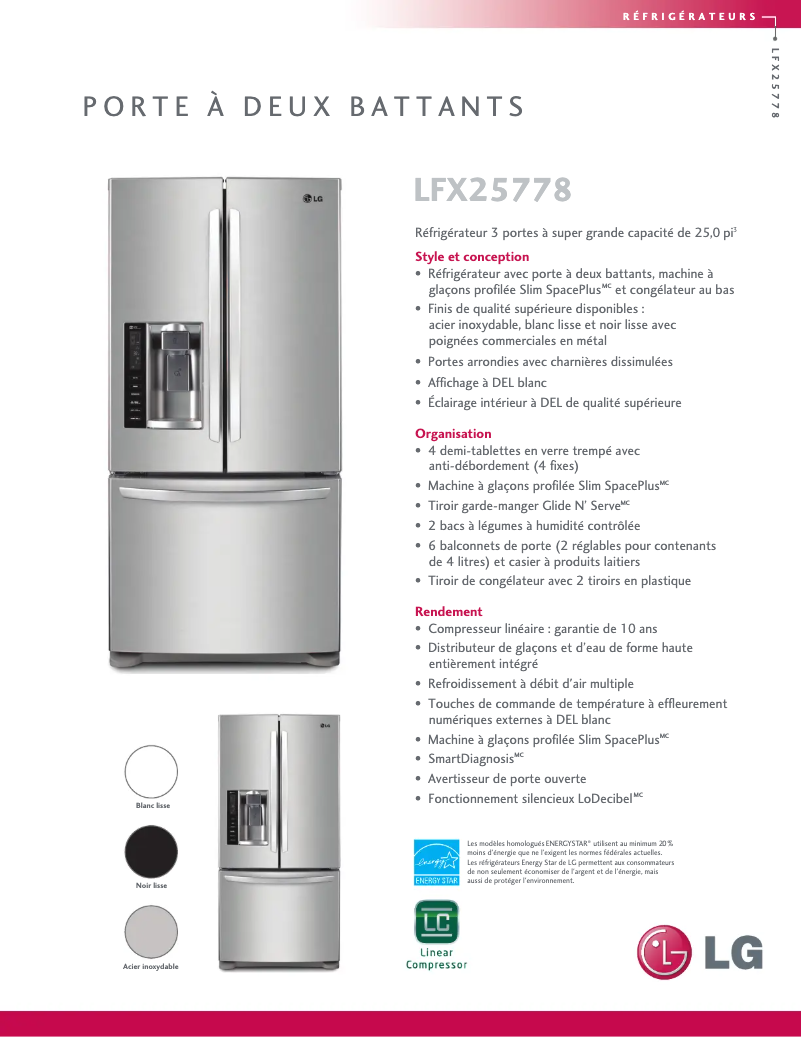 Page 1 de la notice Fiche technique LG LFX25778SB