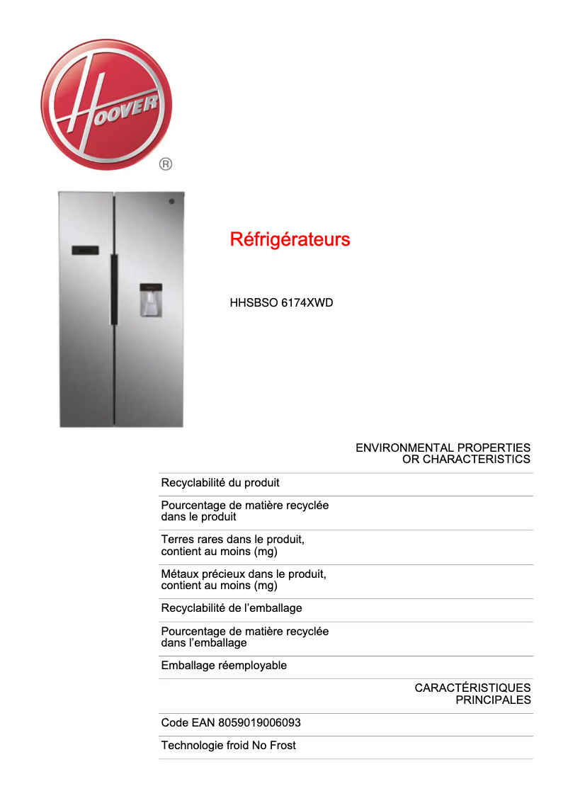 Página 1 del manual Ficha técnica Hoover H-FRIDGE 500 Maxi HHSBSO 6174XWD