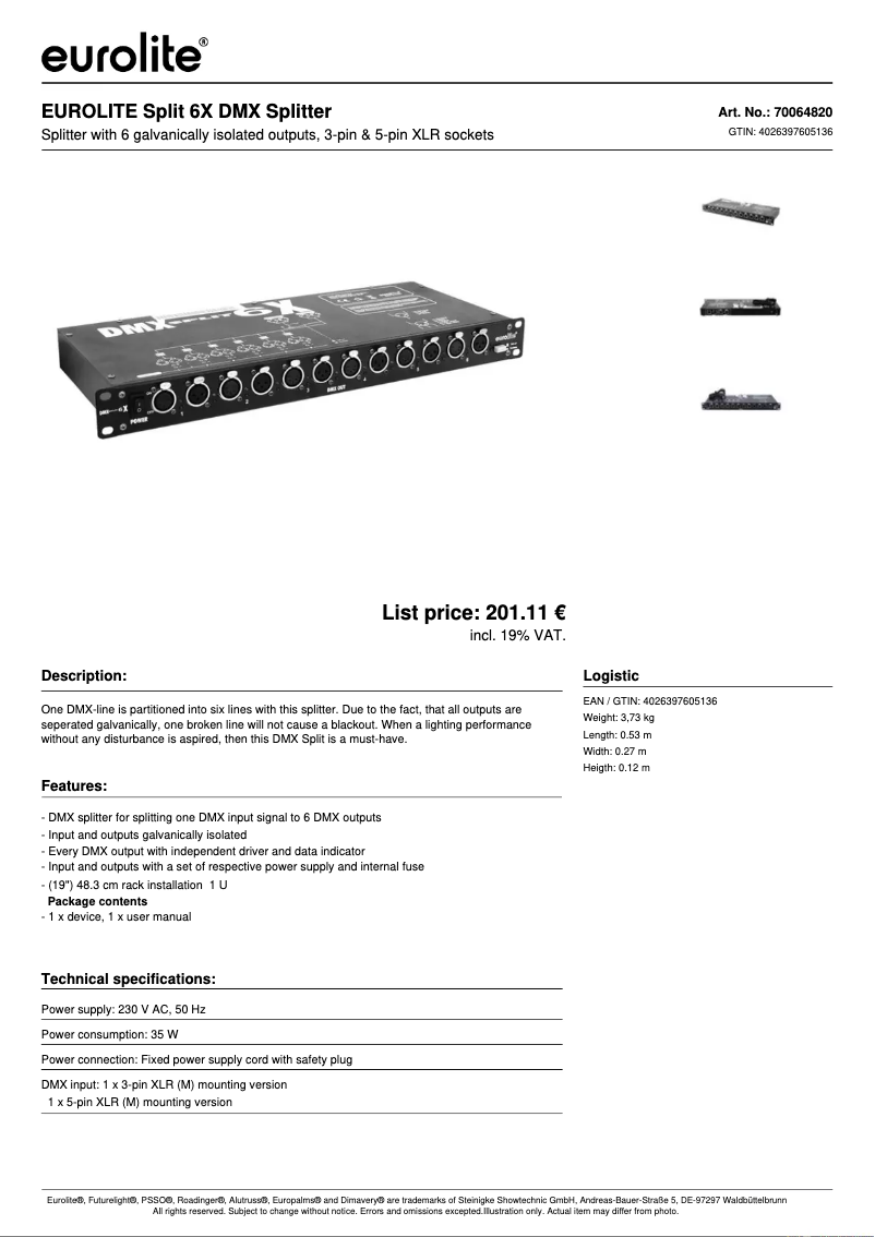 Page 1 de la notice Fiche technique Eurolite DMX Split 6X