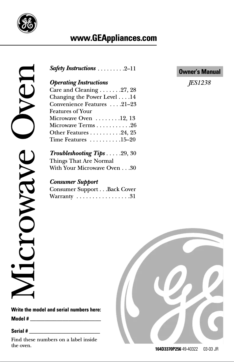 Page n°1 - Manuel d'utilisation et d'entretien GE JES1238WH