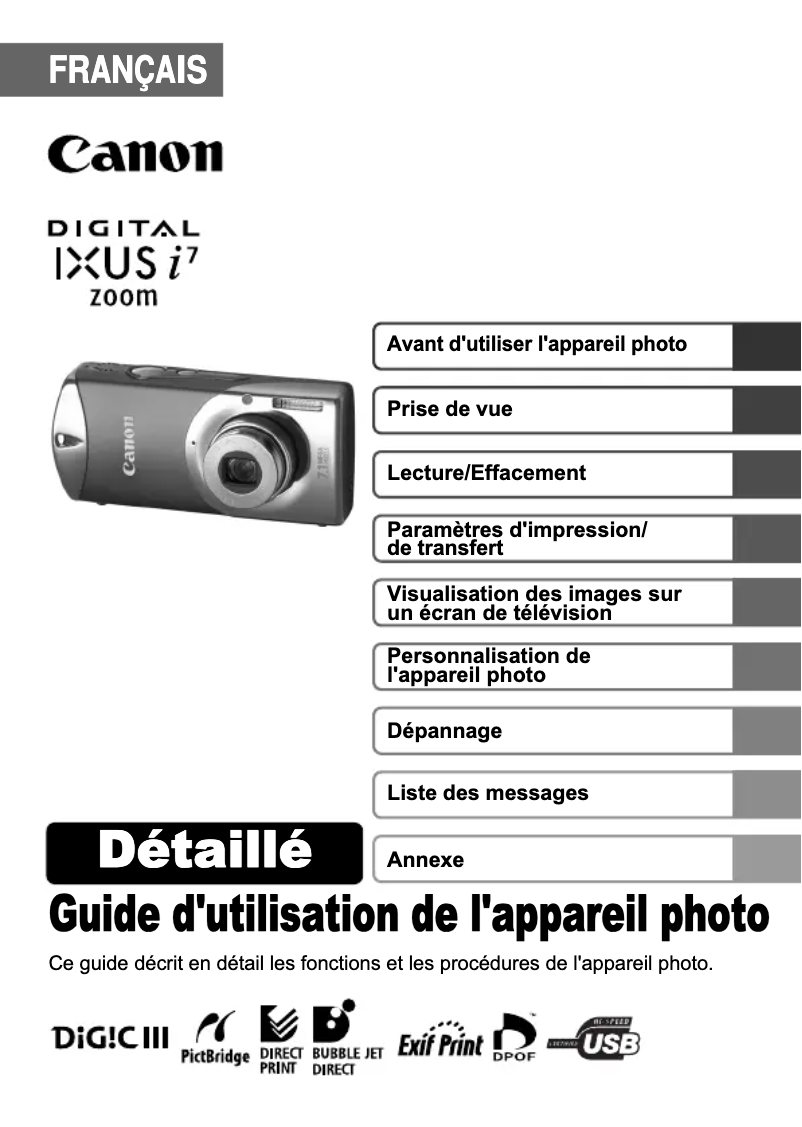 Page 1 de la notice Manuel utilisateur Canon IXUS i7 Zoom