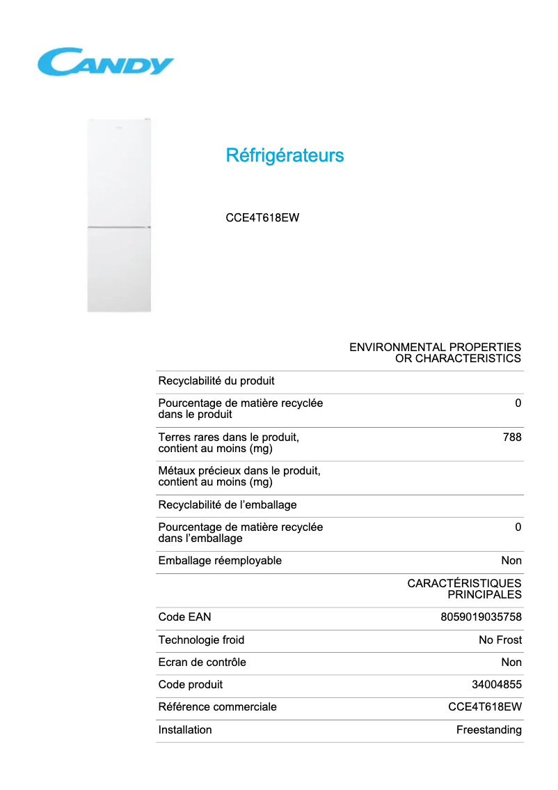 Page n°1 - Fiche technique Candy CCE4T618EW
