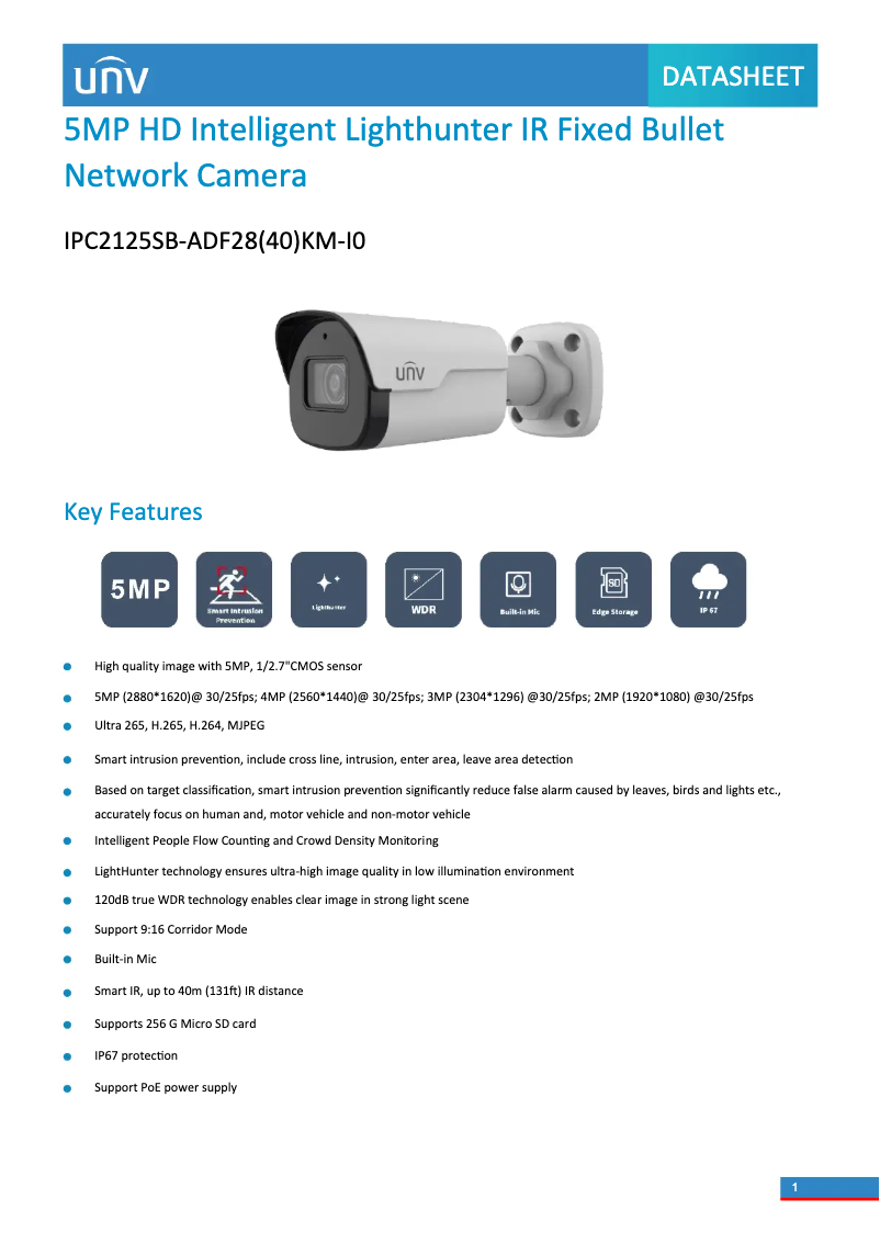 Page 1 de la notice Fiche technique UniView IPC2125SB-ADF28(40)KM-I0