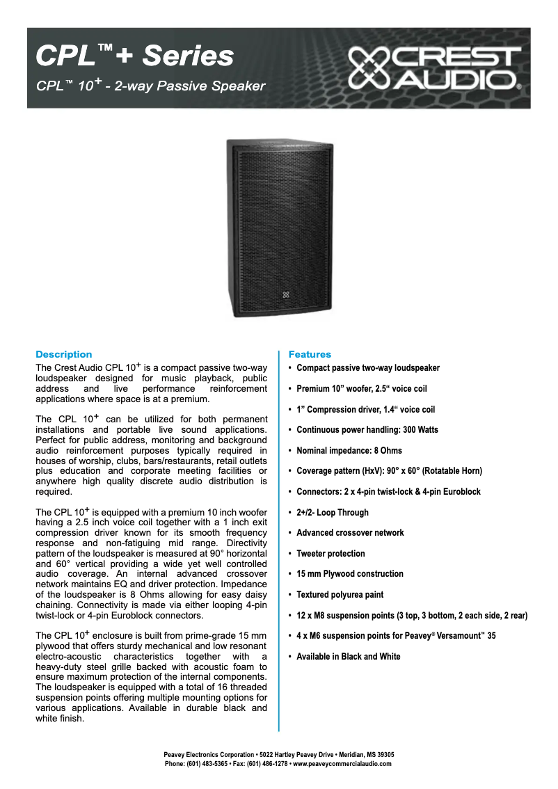 Page 1 de la notice Fiche technique Crest Audio CPL 10+