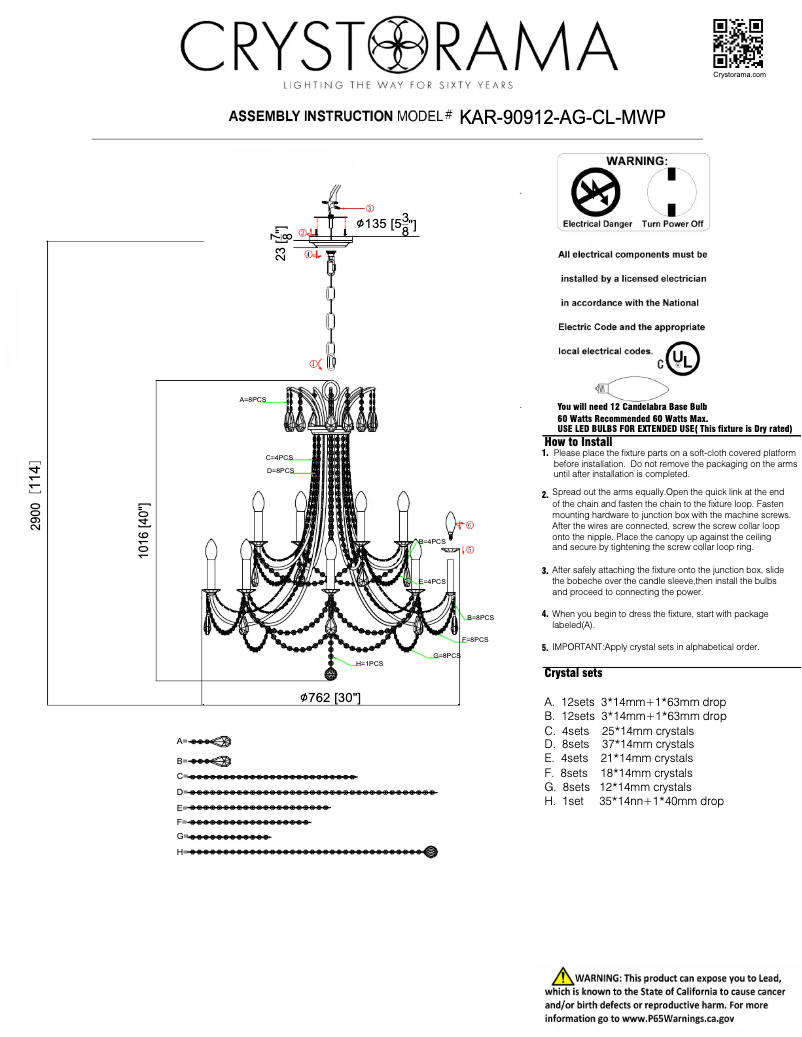 Page 1 de la notice Manuel utilisateur Crystorama Karrington KAR-90912-AG-CL-MWP