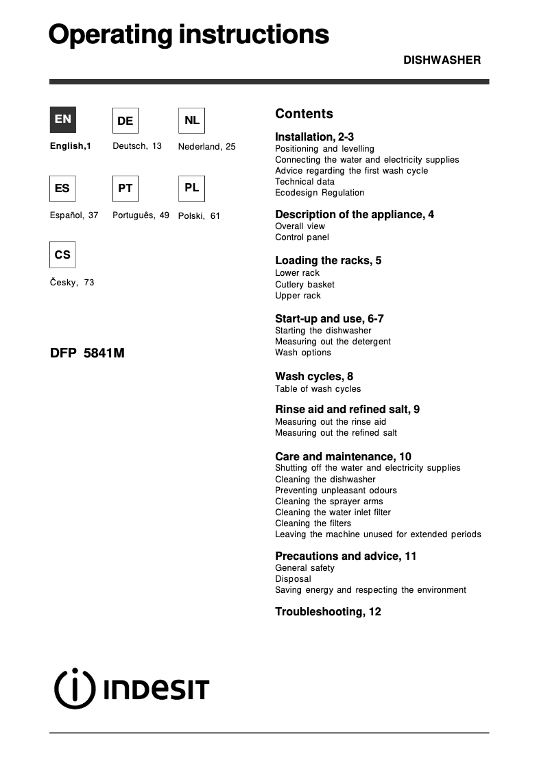 Page 1 de la notice Manuel utilisateur Indesit DFP 5841M NX EU