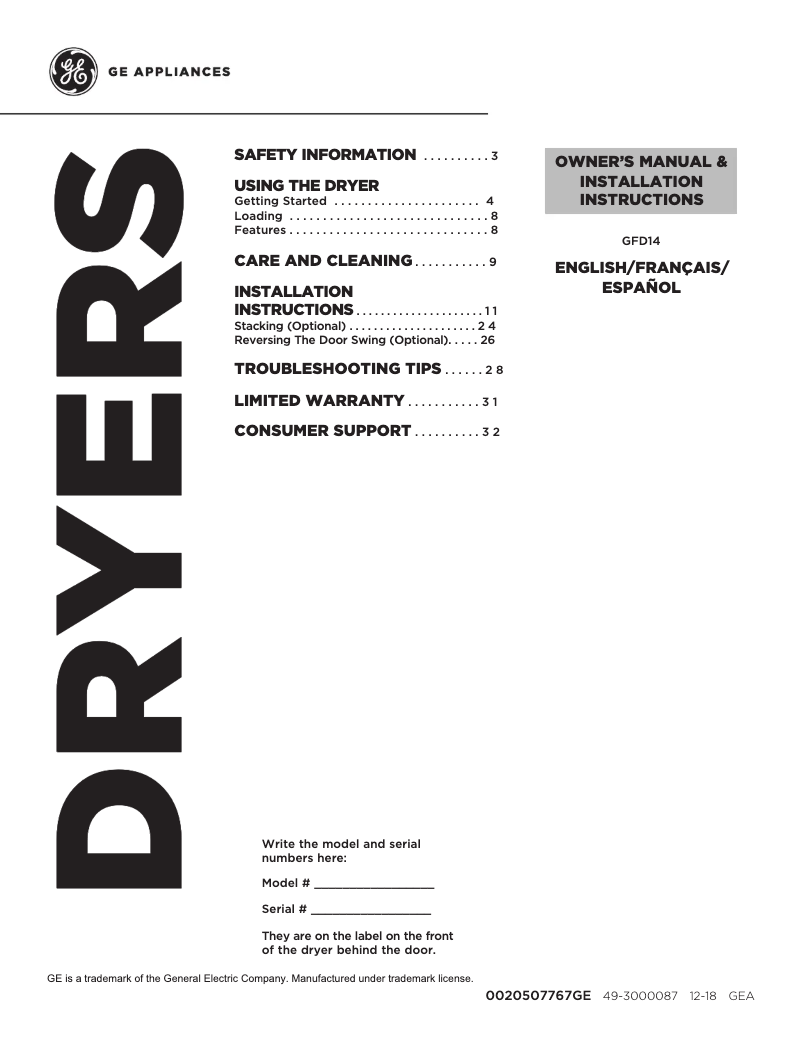 Page 1 de la notice Manuel utilisateur GE GFD14ESSNWW