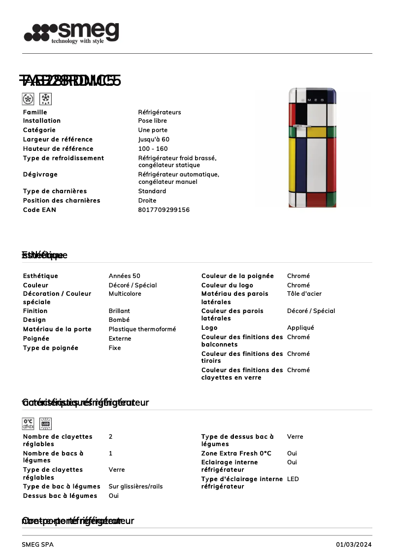 Page 1 de la notice Fiche technique Smeg FAB28RDMC5