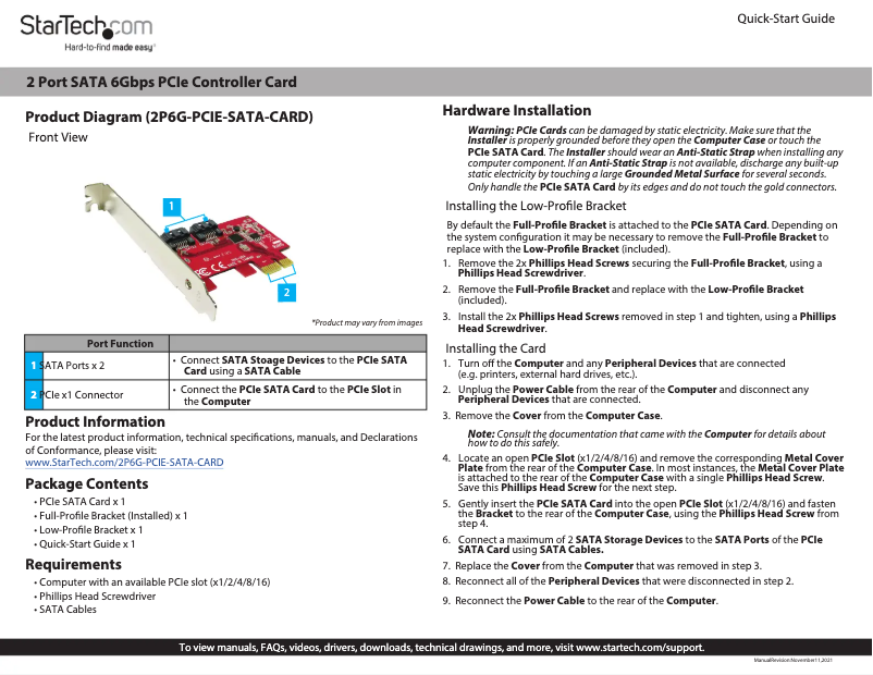Page 1 de la notice Manuel utilisateur StarTech.com 2P6G-PCIE-SATA-CARD