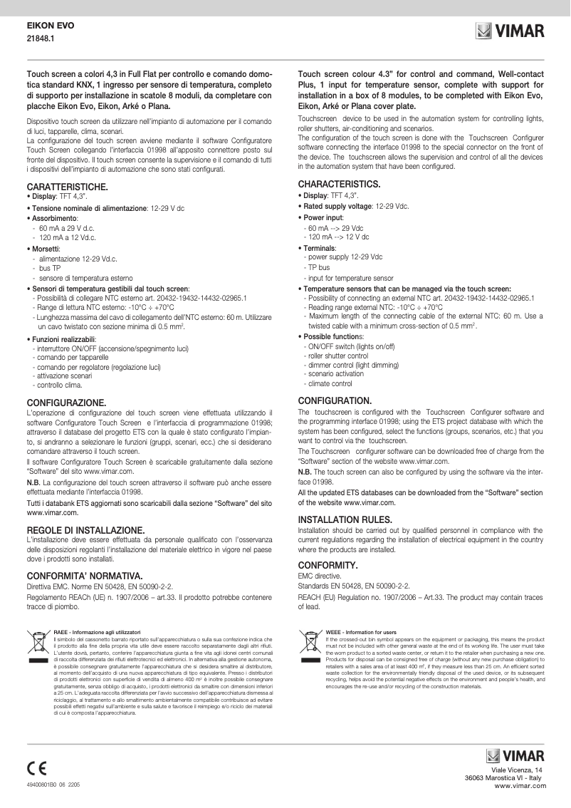 Page 1 de la notice Instructions / montage Vimar 21848.1.B