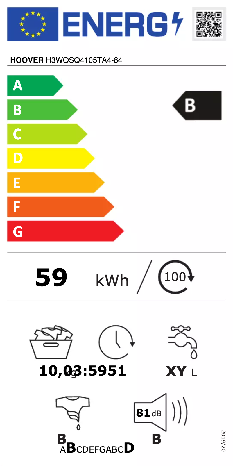 Page n°1 - Label énergétique Hoover H3WOSQ4105TA4-84
