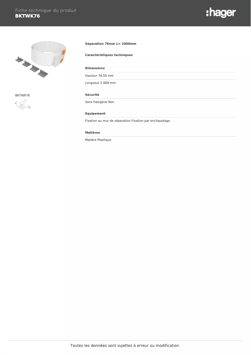 Page n°1 - Fiche technique Hager BKTWK76