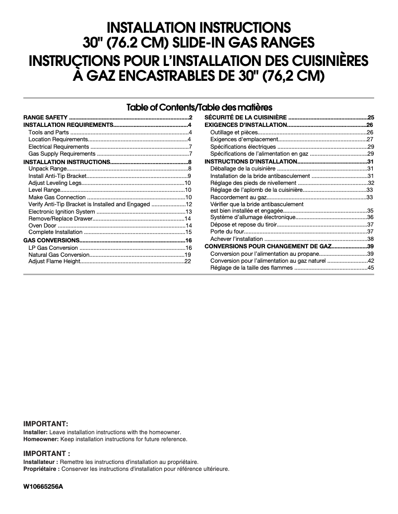 Page 1 de la notice Guide d'installation Whirlpool WEG760H0DS