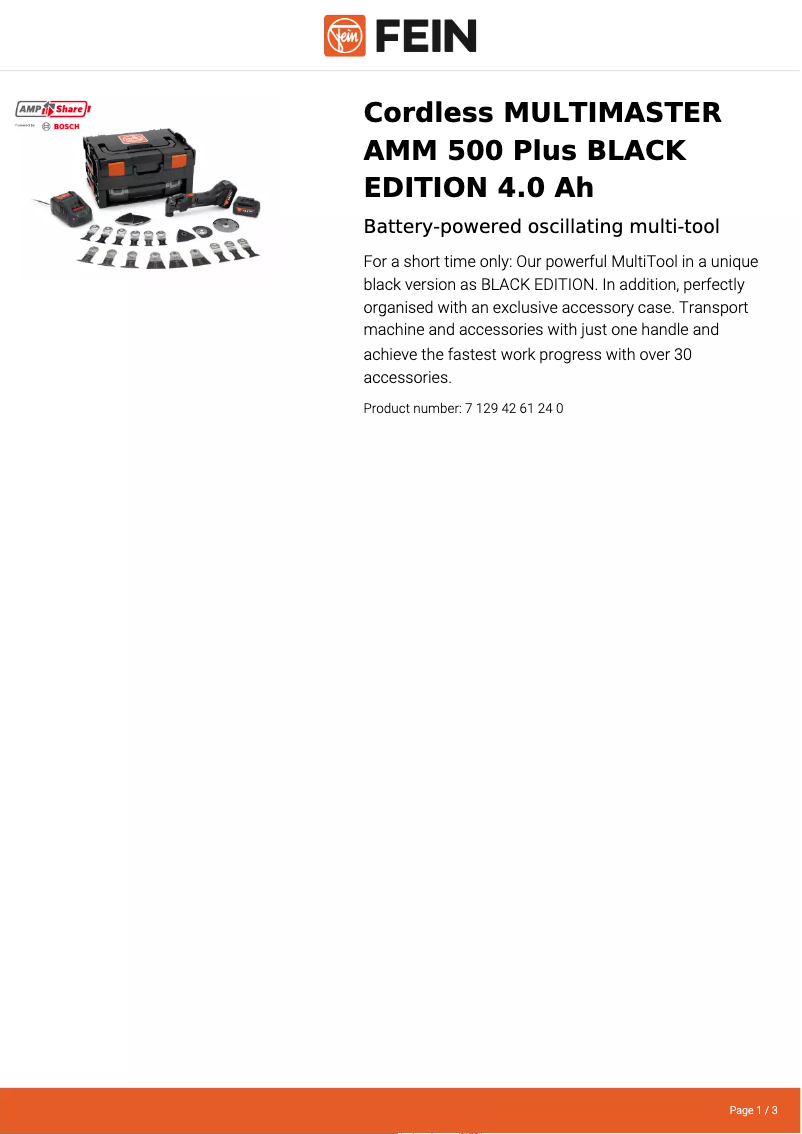 Page 1 de la notice Fiche technique Fein Multimaster AMM 500 Plus