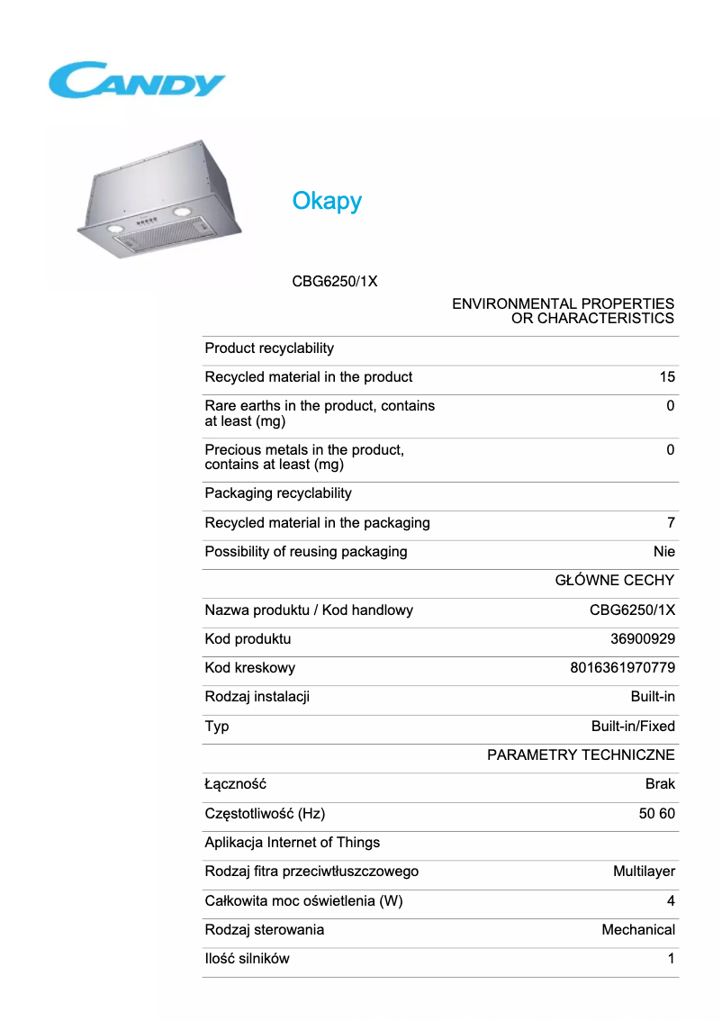 Page 1 de la notice Fiche technique Candy CBG6250/1X