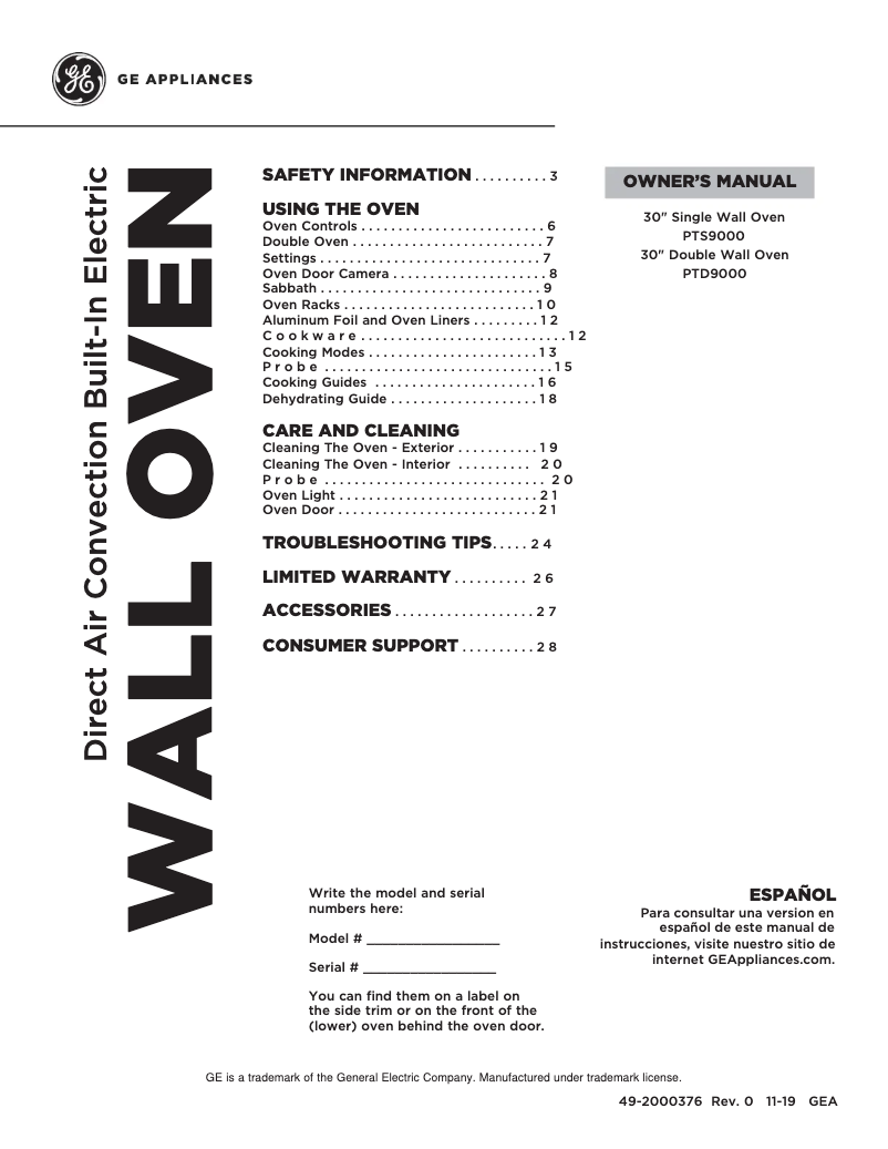 Page n°1 - Manuel utilisateur GE PTD9000SNSS