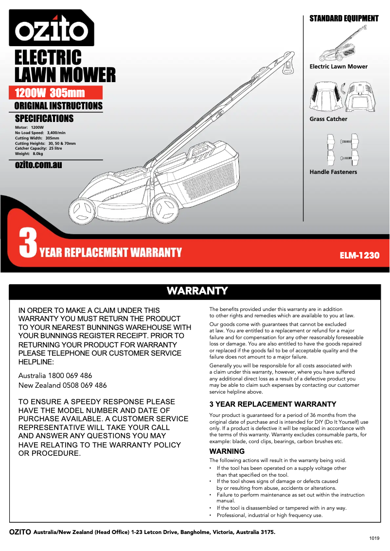 Página 1 del manual Manual de usuario Ozito ELM-1230