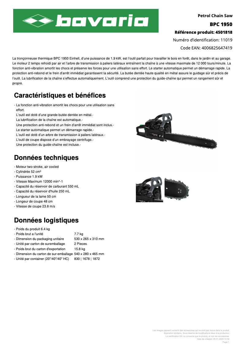 Page 1 de la notice Fiche technique Einhell BPC 1950