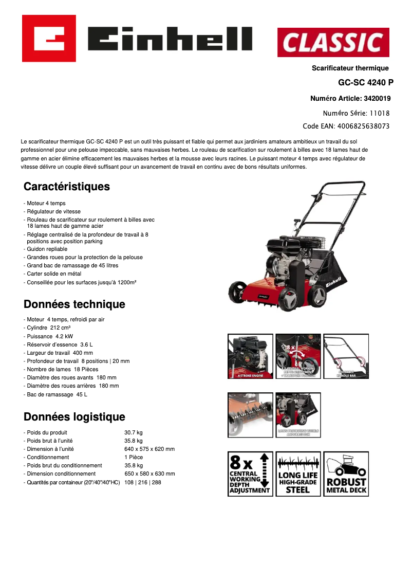 Página 1 del manual Ficha técnica Einhell GC-SC 4240 P