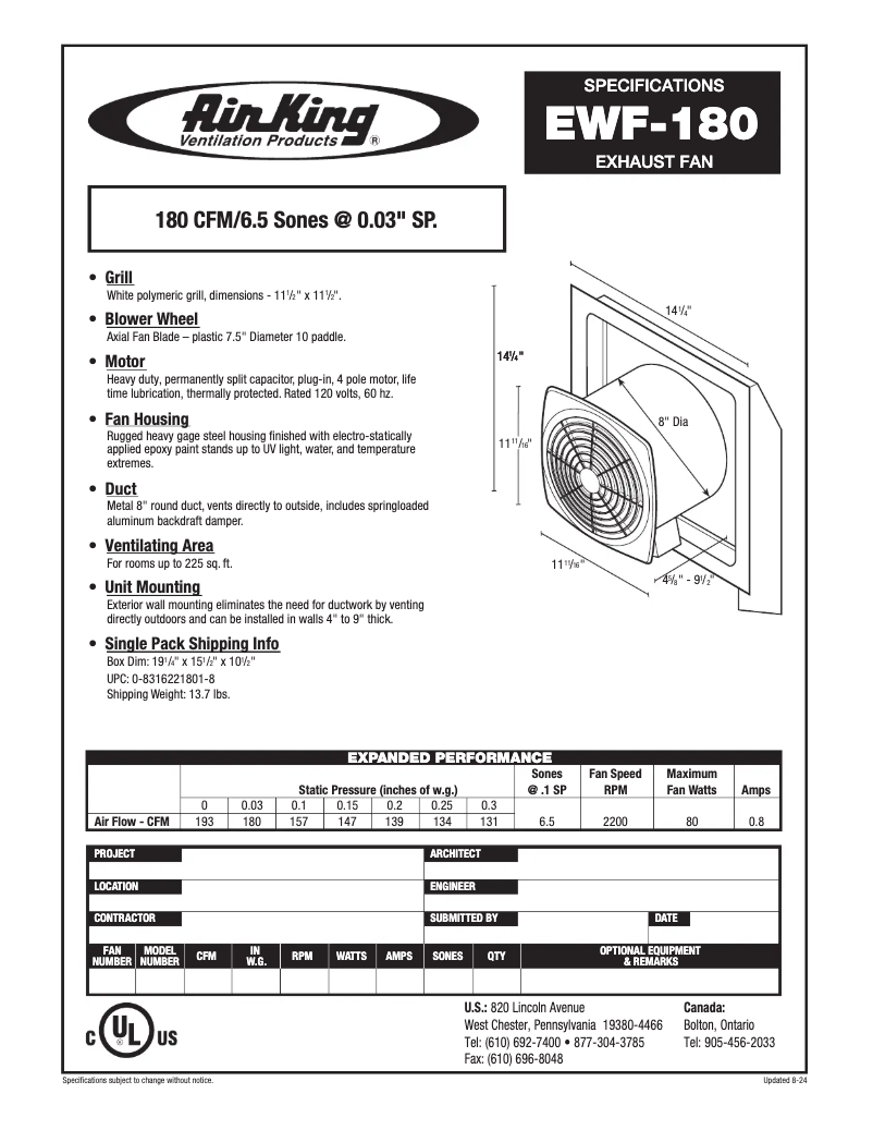 Page n°1 - Fiche technique Air King EWF-180