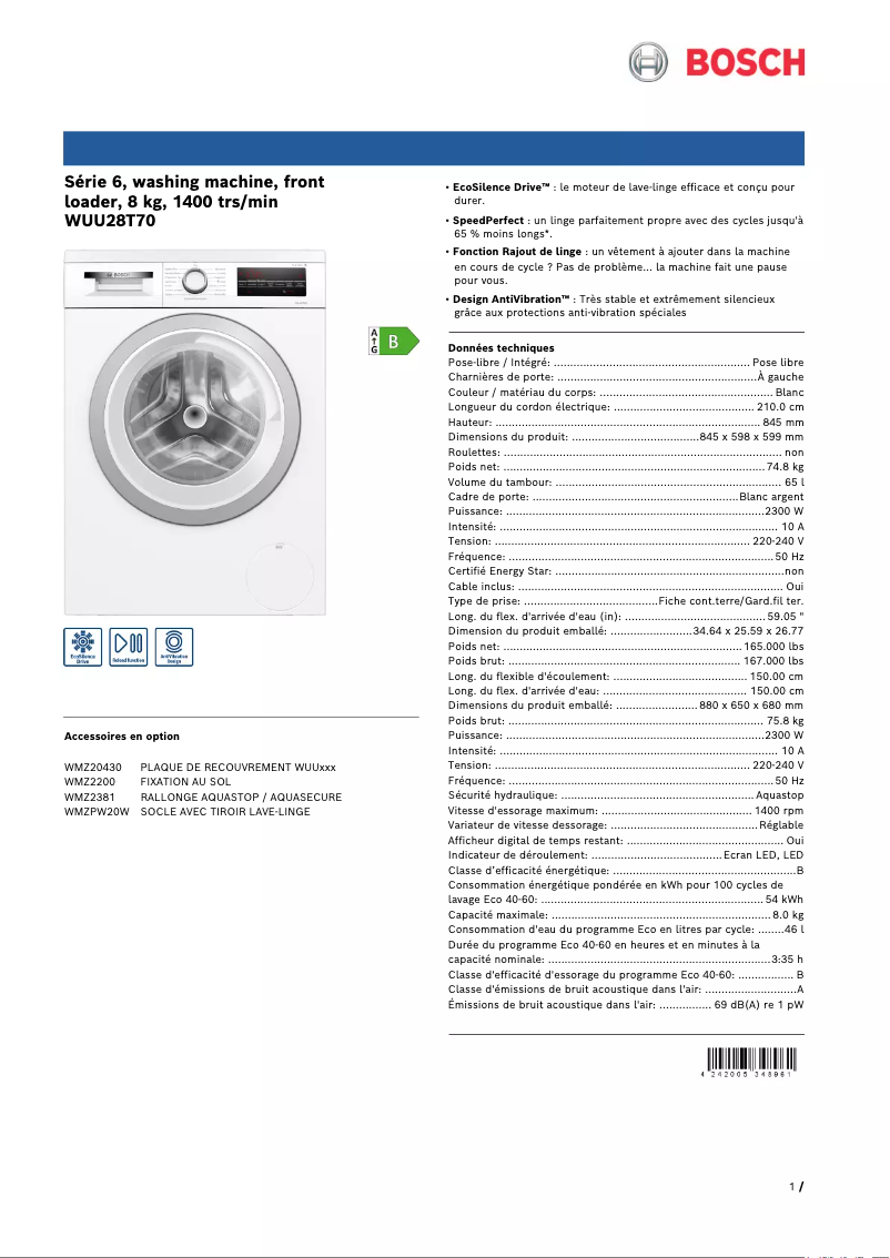 Page n°1 - Fiche technique Bosch WUU28T70