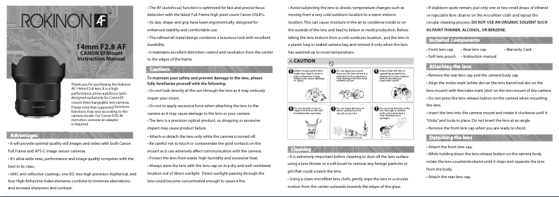 Page 1 de la notice Manuel utilisateur Samyang 14mm f/2.8 AF Canon EF