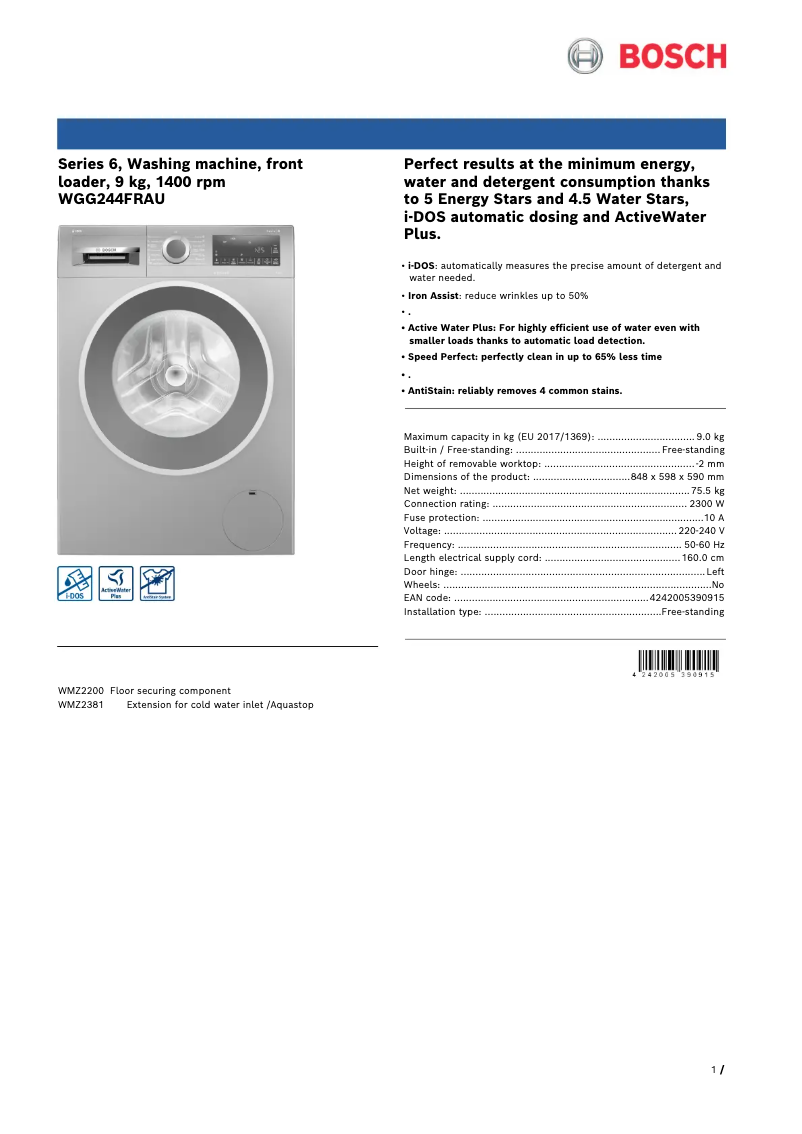 Page n°1 - Fiche technique Bosch WGG244FRAU
