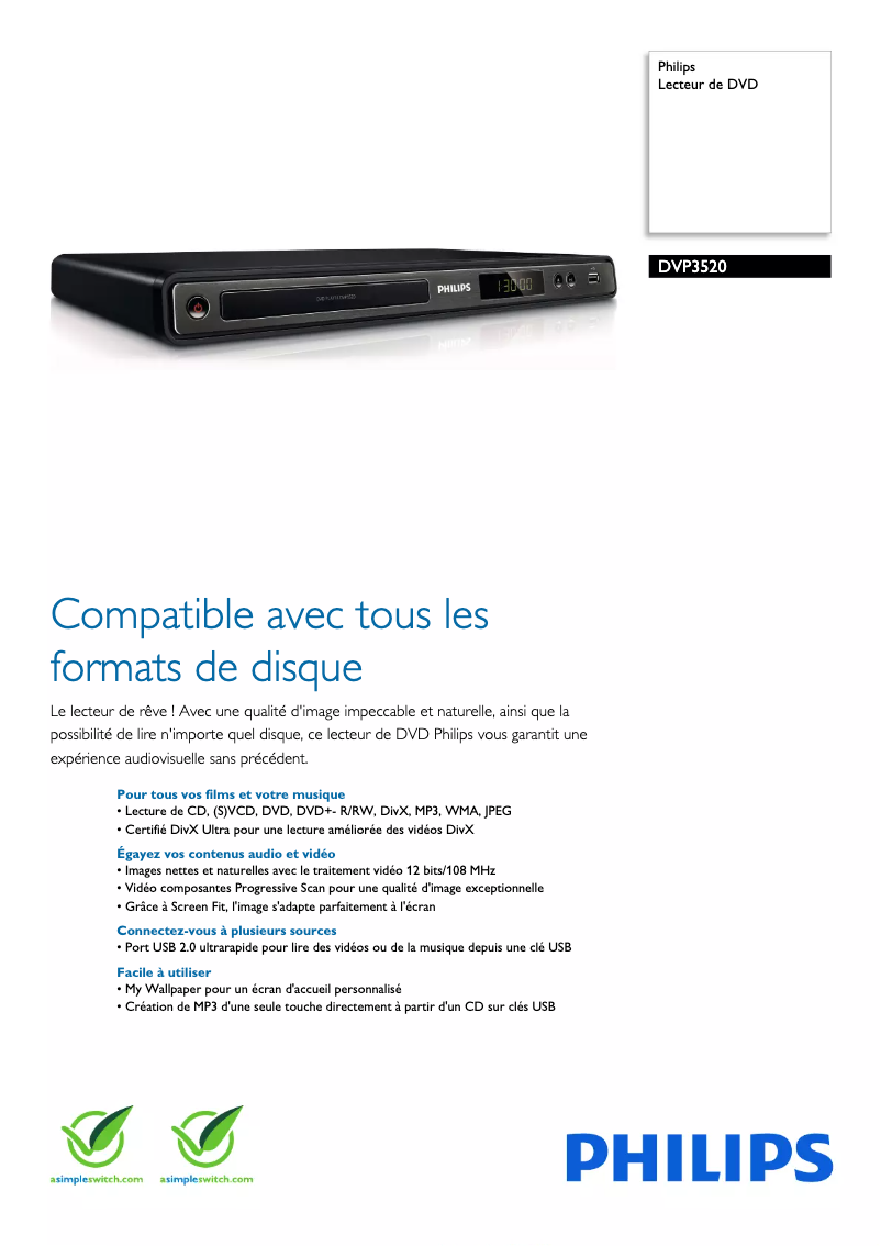 Page 1 de la notice Fiche technique Philips DVP3520