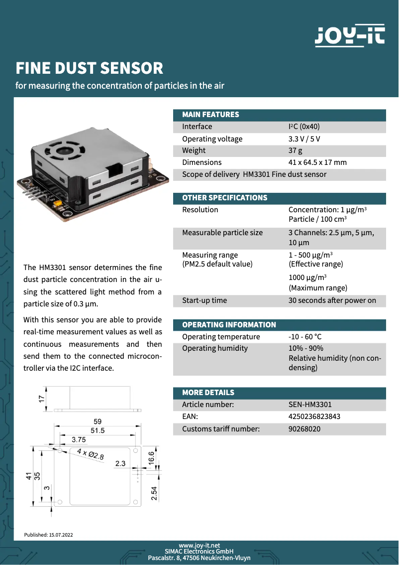 Page n°1 - Fiche technique Joy-It SEN-HM3301