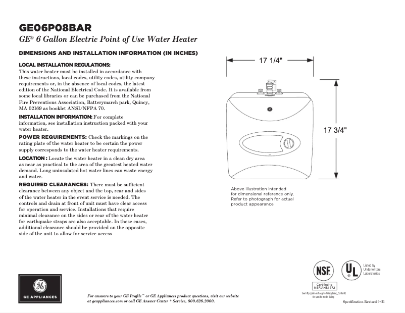 Page 1 de la notice Fiche technique GE GE06P08BAR