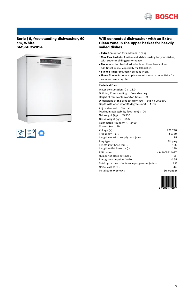 Página 1 del manual Ficha técnica Bosch SMS6HCW01A