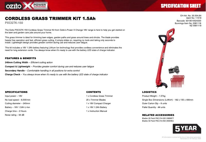 Page n°1 - Fiche technique Ozito PXCGTK-150