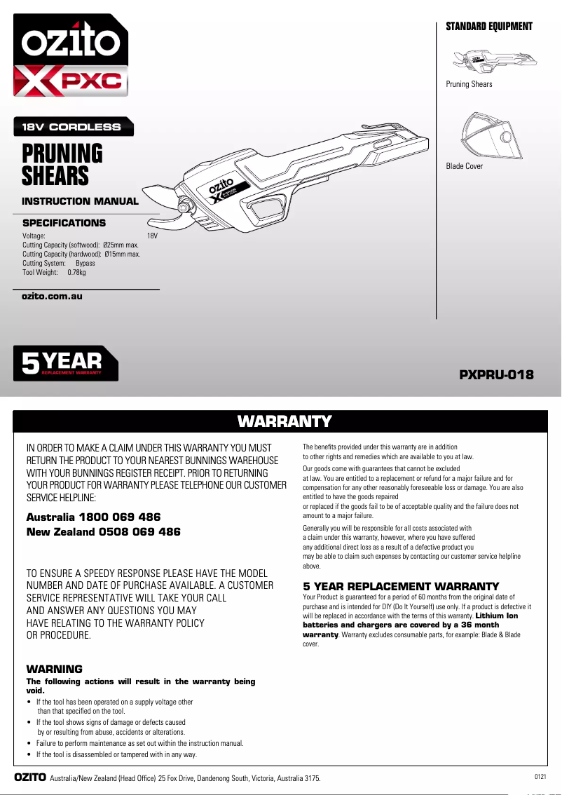 Page 1 de la notice Manuel utilisateur Ozito PXPRU-018