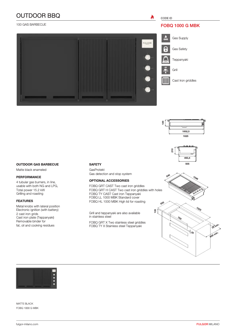 Page 1 de la notice Fiche technique Fulgor Milano FOBQ 1000 G MBK