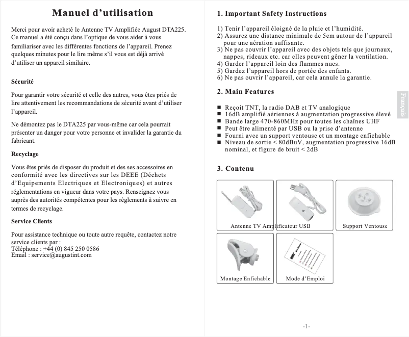 Page 1 de la notice Manuel utilisateur August DTA225B