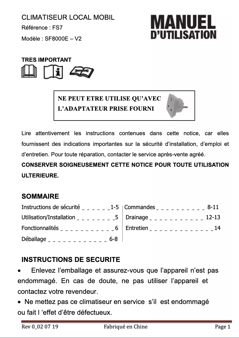 Page 1 de la notice Manuel utilisateur Amcor FS7