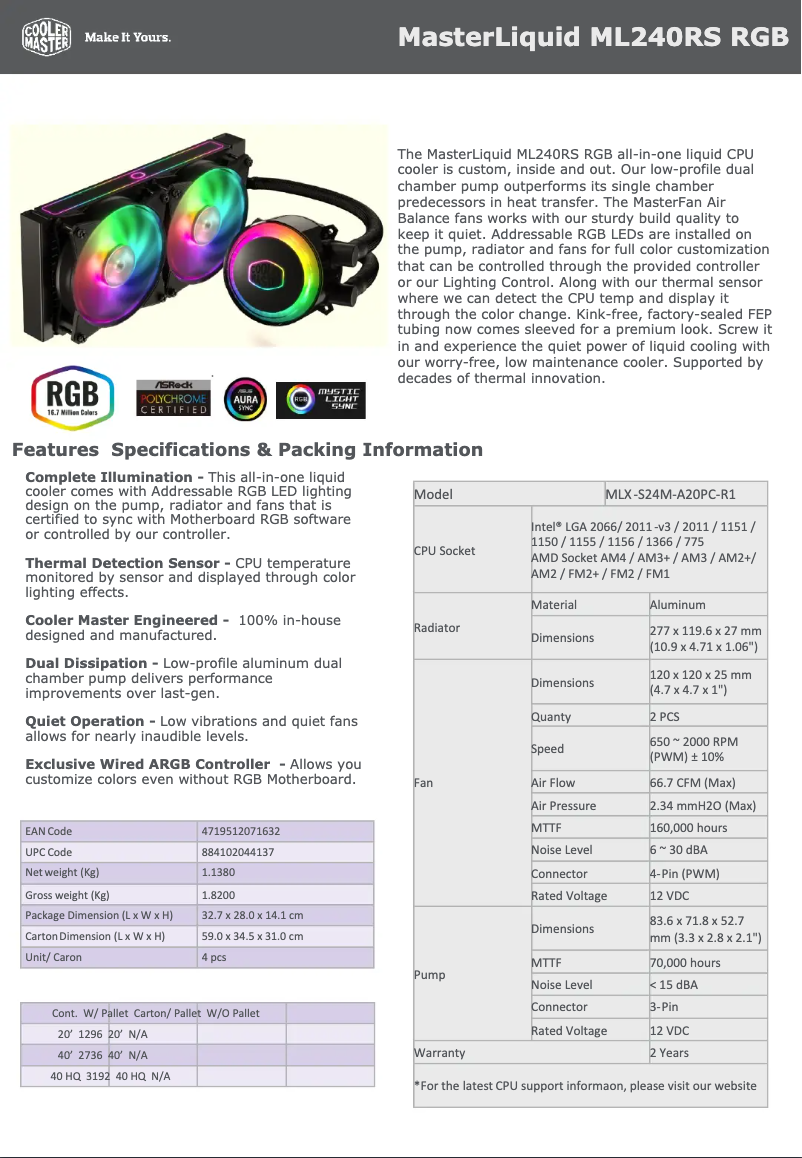 Page n°1 - Fiche technique Cooler Master MasterLiquid ML240RS RGB