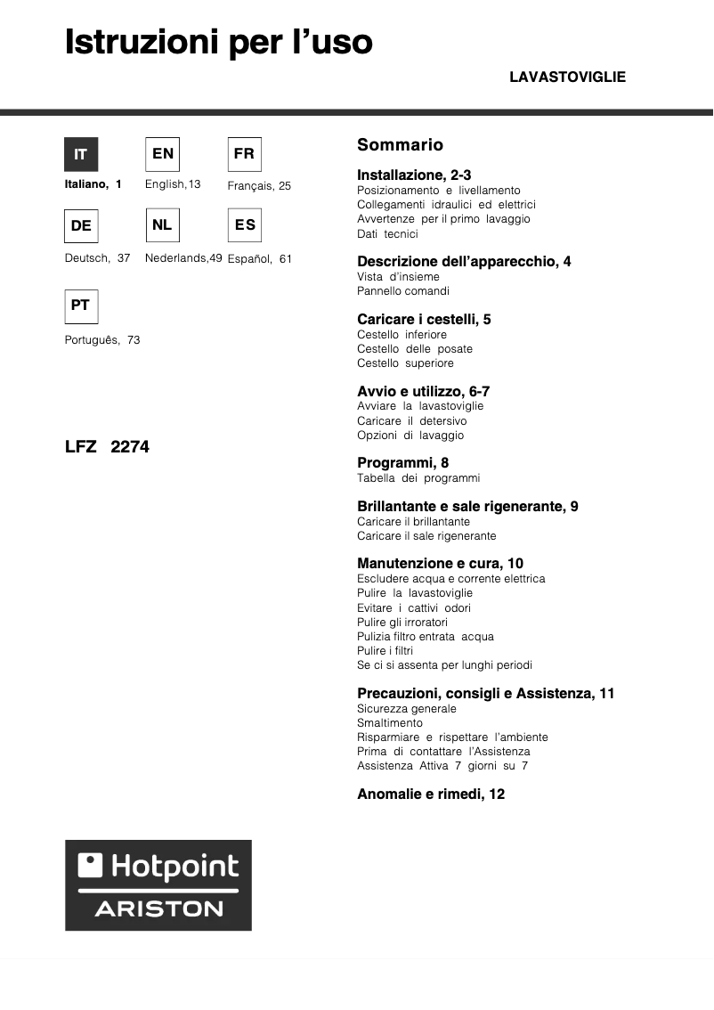Page 1 de la notice Manuel utilisateur Hotpoint Ariston lfz 2274 A IX