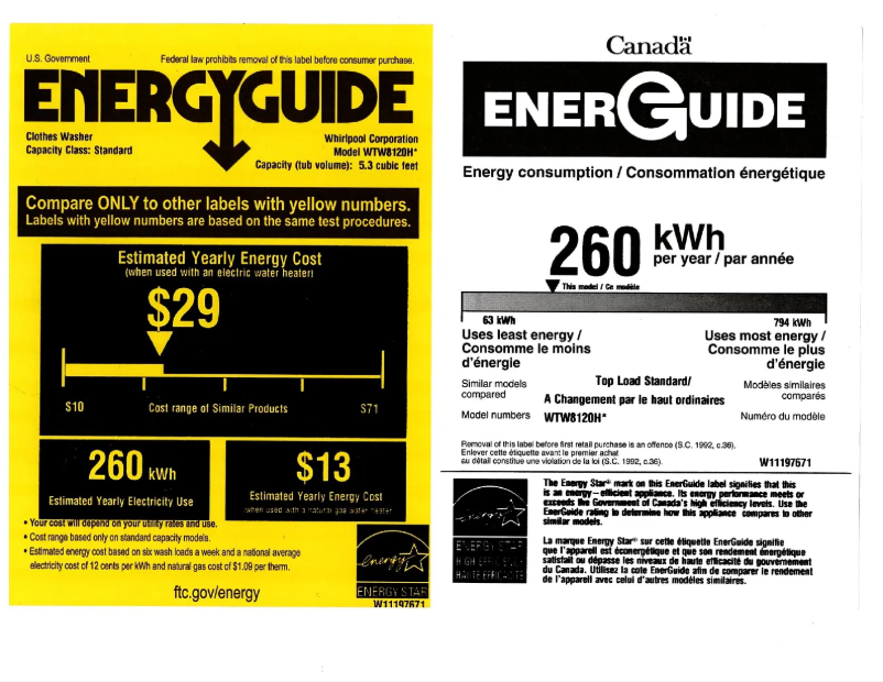 Page 1 de la notice Label énergétique Whirlpool WTW8120HW