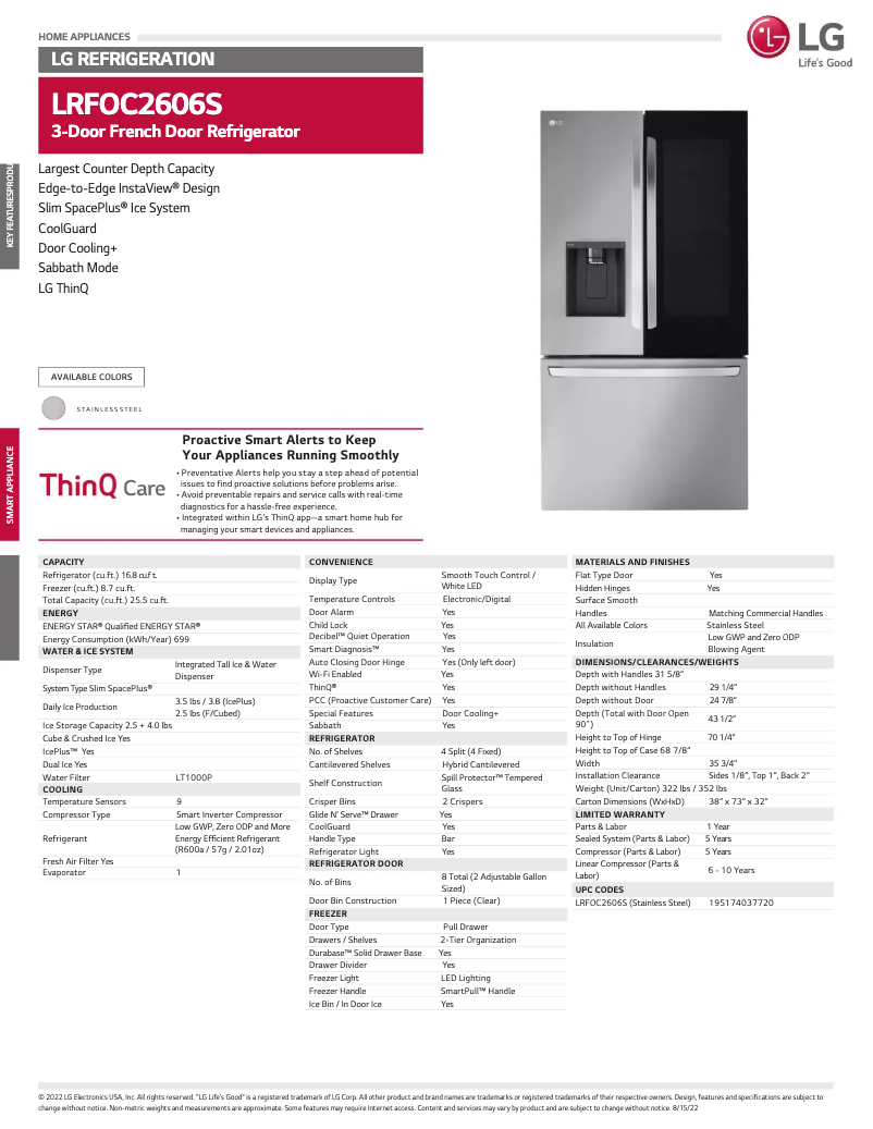Page 1 de la notice Fiche technique LG LRFOC2606S