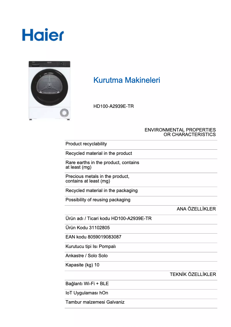 Página 1 del manual Ficha técnica Haier HD100-A2939