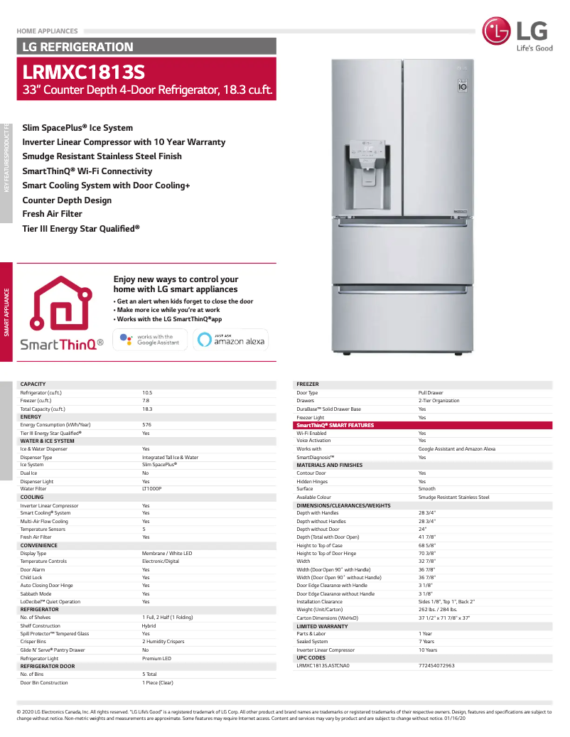 Page 1 de la notice Fiche technique LG LRMXC1813S