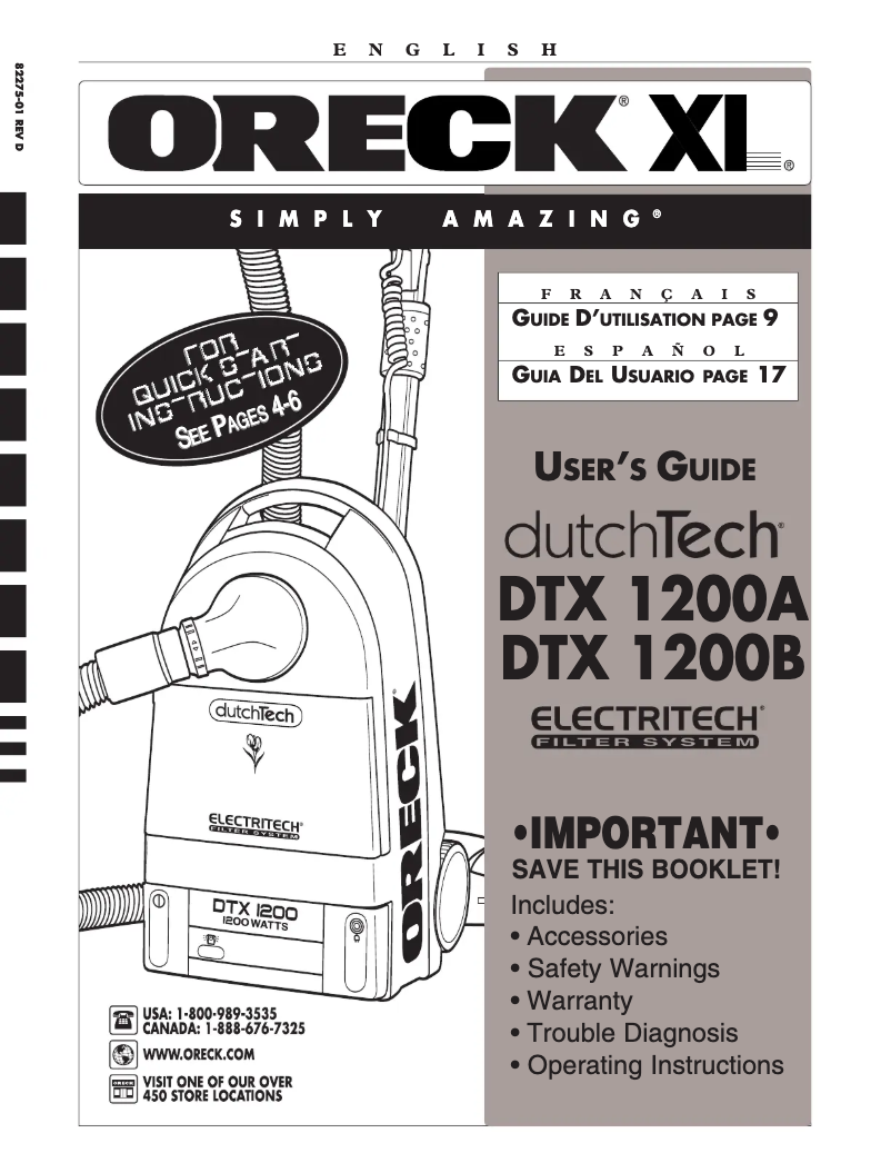 Page 1 de la notice Manuel utilisateur Oreck Dutchtech DTX1200