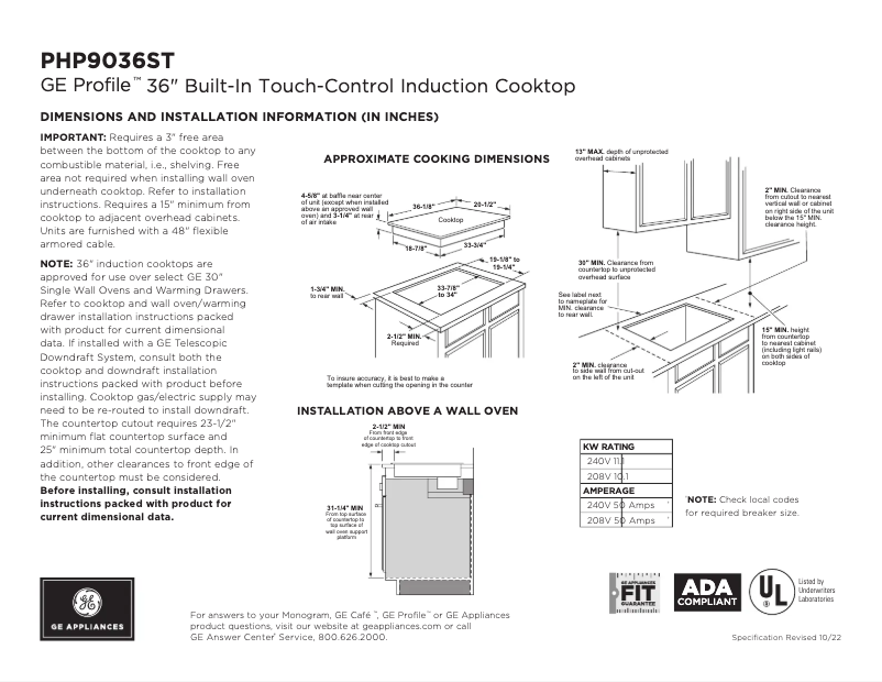 Page 1 of the manual Technical Sheet GE Profile PHP9036STSS