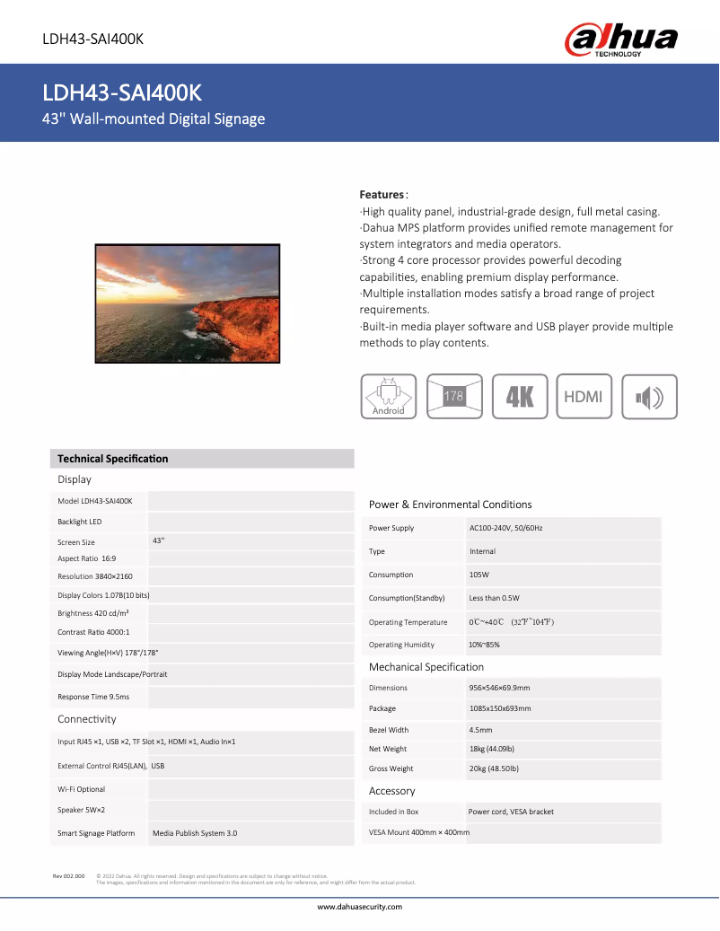 Page n°1 - Fiche technique Dahua Technology LDH43-SAI400K