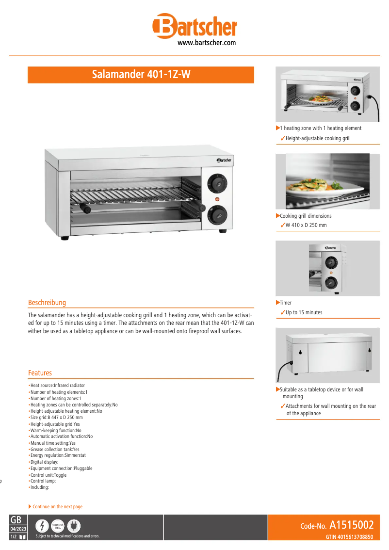 Page n°1 - Fiche technique Bartscher 401-1Z-W