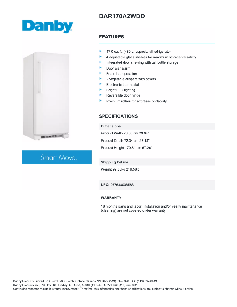 Page n°1 - Fiche technique Danby DAR170A2