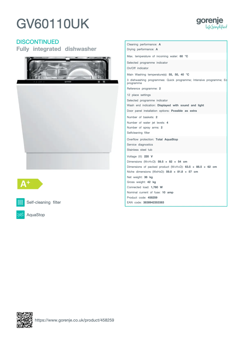 Page n°1 - Fiche technique Gorenje GV60110UK